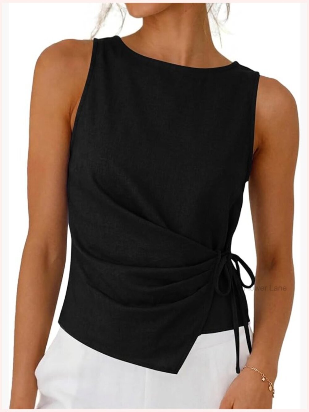 Linen Cotton Crop Tank Top Tie Wrap Sleeveless Ruched Boat Neck Summer Top